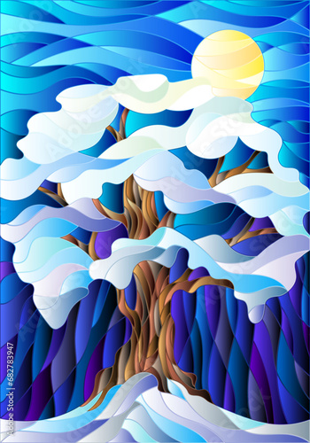 Illustration in stained glass style, lonely snow-covered tree against the night sky and the moon