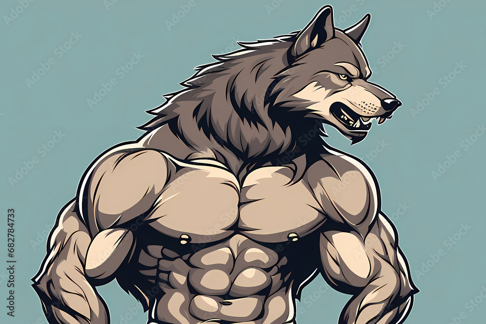 Fototapeta premium Muscular wolf illustration, Cartoon design, Wolf mascot