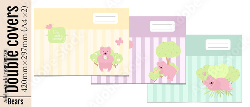 Set of three double covers for printing in vertical A4 format. Cute covers with cartoon pink bears, trees, bushes, clouds, lines of back. For kids pads,notebooks, albums. Isolated on white background.