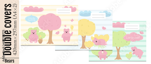 Set of three double covers for printing in vertical A4 format. Cute covers with cartoon pink bears, trees, bushes, clouds for kids stationery, notebooks, albums. Isolated on  white background.