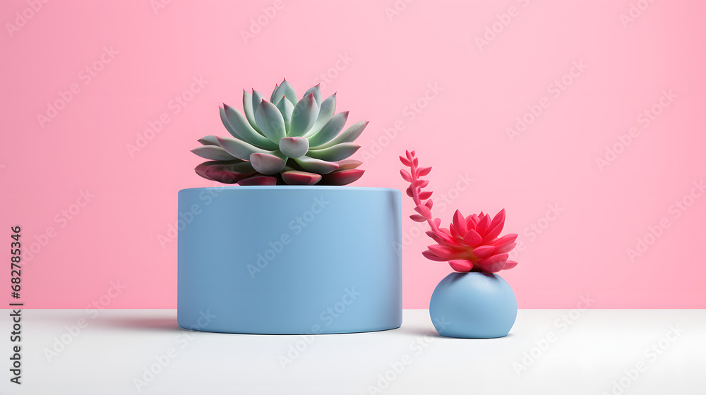 Studio shot of blue pedestals and single pink colored succulent plant, 3D isolated on white background. Generative AI.