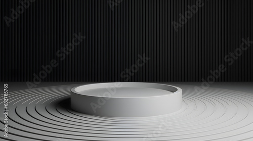 Three dimensional render of empty pedestal with concentric background. Generative AI.