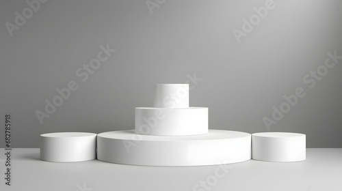 White realistic 3D cylinder steps pedestal podium set with shadow and lighting. Vector abstract studio room with geometric platform design. Gray minimal scene for products showcase Pr. Generative AI.