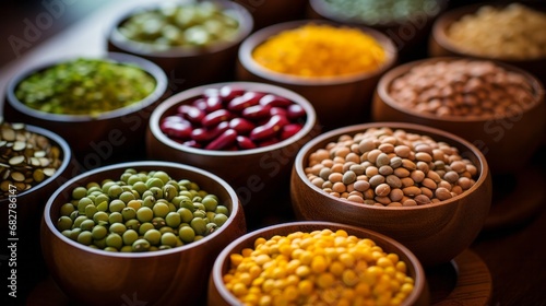 Variety of beans in bowls on wooden background. pulses. Selective focus.
