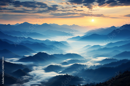 Beautiful landscape with mountains in fog at dawn, aerial shot © Irina Flamingo