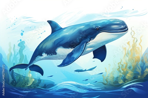 Illustration of a whale swimming in the ocean. Vector illustration.