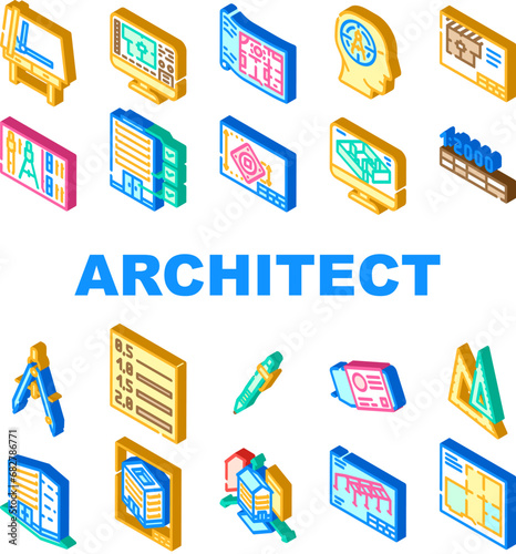 architectural drafter drawing icons set vector. house engineer, plan architecture construction architect building blueprint project architectural drafter drawing isometric sign illustrations
