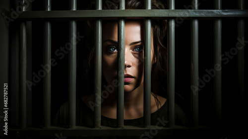 Sorrowful female inmate sad behind bars desperately asking to released from custody symbolizing quest for fairness, treacherous criminal woman in prison embodies societal threat photo