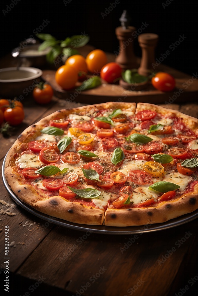 Pizza with mozzarella, tomatoes and mushrooms on a wooden board