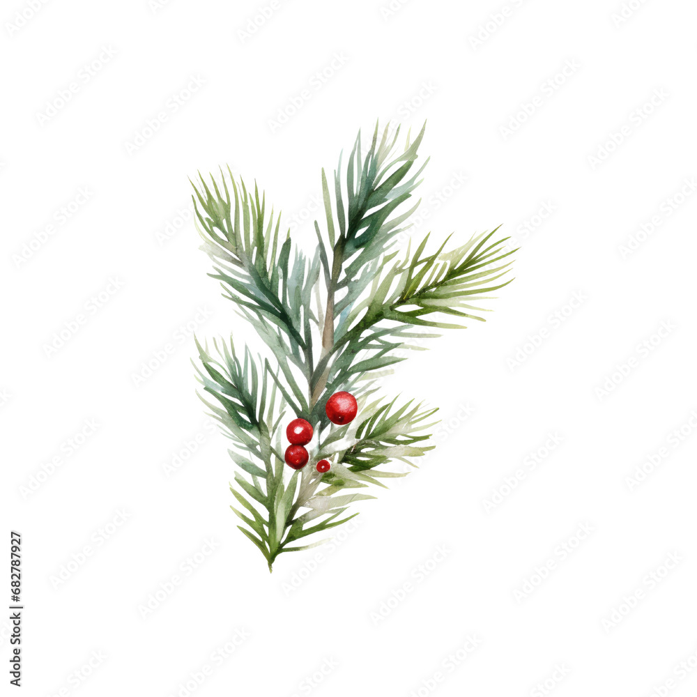 Fototapeta premium Christmas Watercolor Clipart - Fir branches and red berries New Year invite card - Winter Set - Christmas Tree - Christmas border