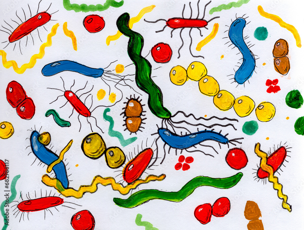 Obraz premium Child-like hand-drawn illustration of bacteria in vibrant acrylic colors, showcasing diverse shapes, fostering artistic curiosity about microbiology.