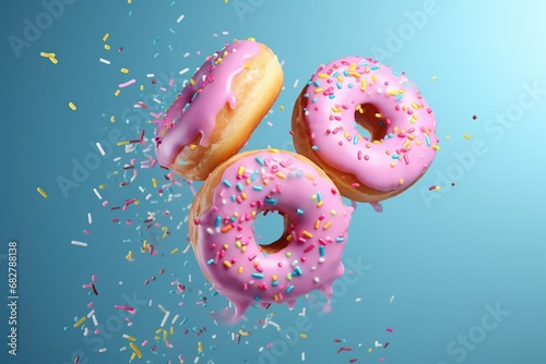 Flying Frosted sprinkled donuts. Set of multicolored doughnuts with sprinkles isolate on color background. 3d rendering photo