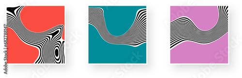 Set of vintage banner designs with wavy contrast stripes and optical interference effect. Illusion of movement for poster, flier, invitation, cover, placard.