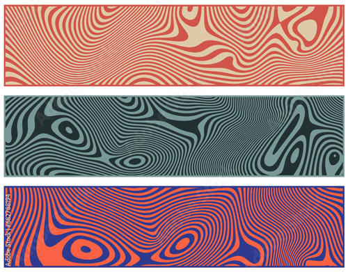 Set of retro banners designs with wavy contrast stripes and optical interference effect. Illusion of movement for poster, flier, invitation, cover, placard.