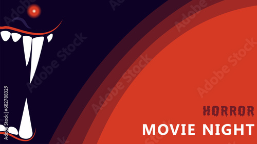 Scary movie mad fang smile horizontal poster. Opened mouth with sharp teeth. Horror party invitation flyer. Spooky movie poster. Banner with grin on red and dark background. Horror movie advertising.