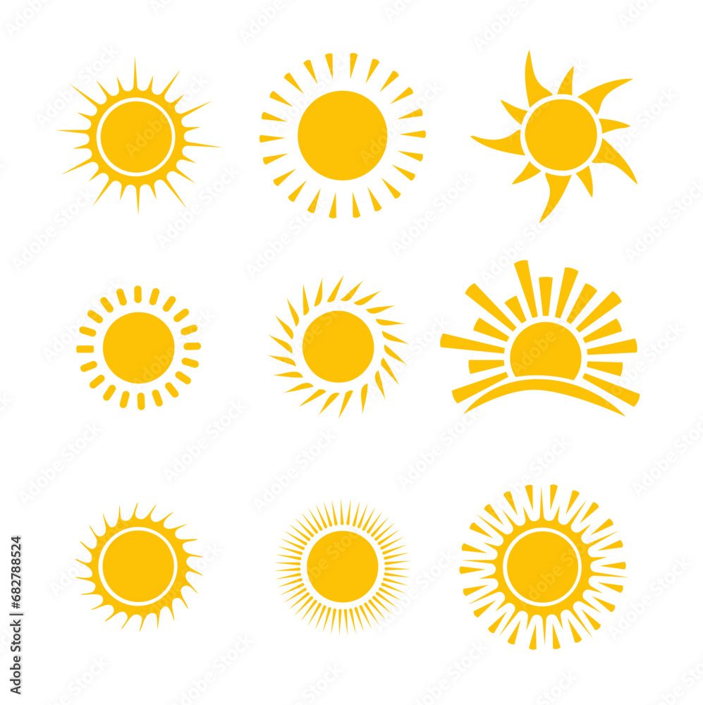 Sun icon vector set. Flat design. Collection of sun stars. Logo or weather icon Sun icon vector set. Flat design. Collection of sun stars. Logo or weather icon
