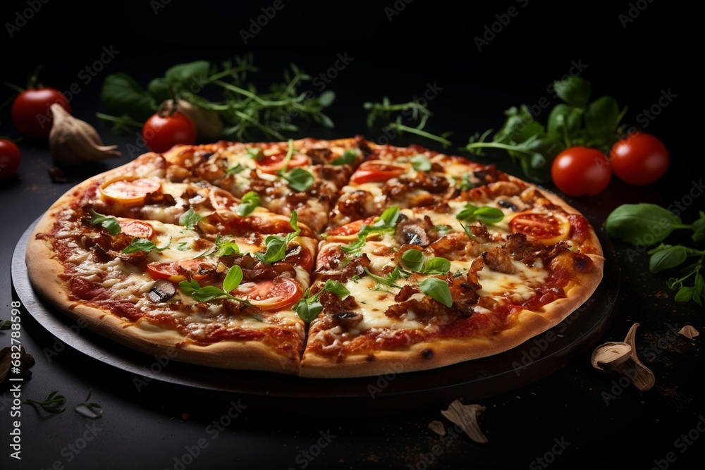 Pizza with mozzarella, tomatoes and mushrooms on a wooden board