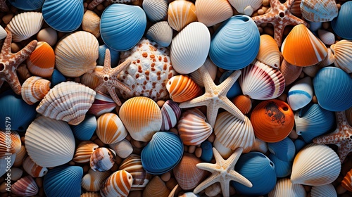 Collection of colorful seashells and mollusks and starfish.