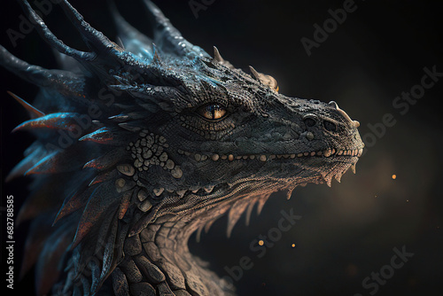 Portrait of a dark ancient dragon on a black background, Year of the Dragon, Generative AI