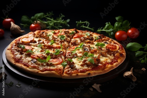 Pizza with mozzarella, tomatoes and mushrooms on a wooden board