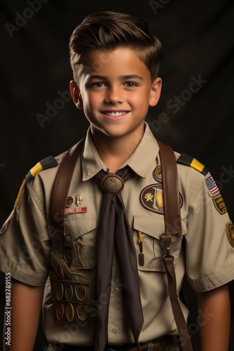 Portrait of a boy scout smiling at the camera with a backpack