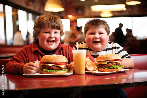 Two overweight children in a fast food restaurant eating hamburgers