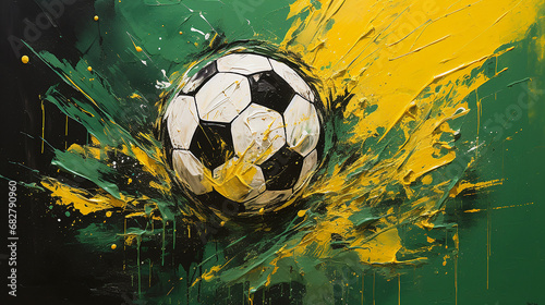 
Pintura de uma bola de futebol nas cores do clube de futebol brasileiro, no estilo amarelo claro e verde escuro, claro-escuro, realismo gestual, espessas camadas de tinta, impressionismo ensolarado