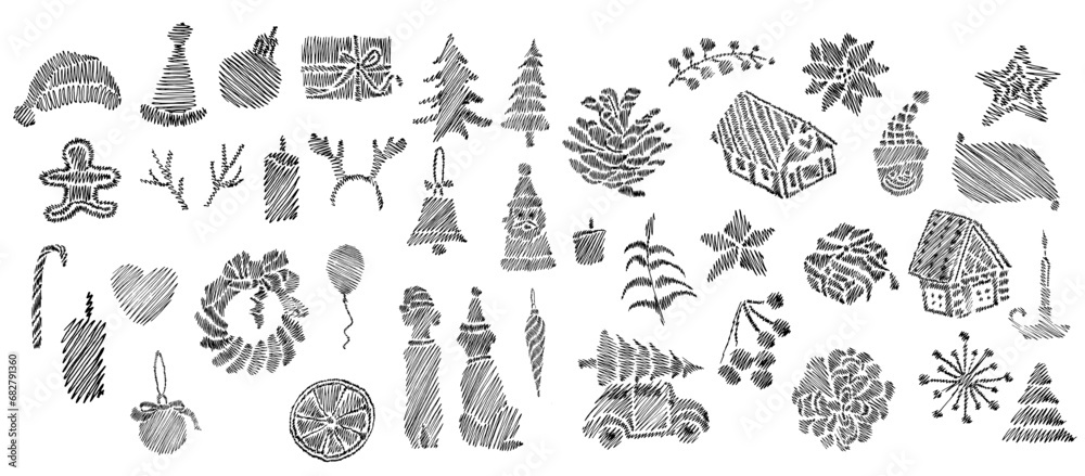 Obraz premium Vector ink Set for Christmas Day including Christmas trees, plants, presents, decorations, dogs