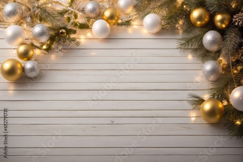 Happy new year white wooden plank background with ornament