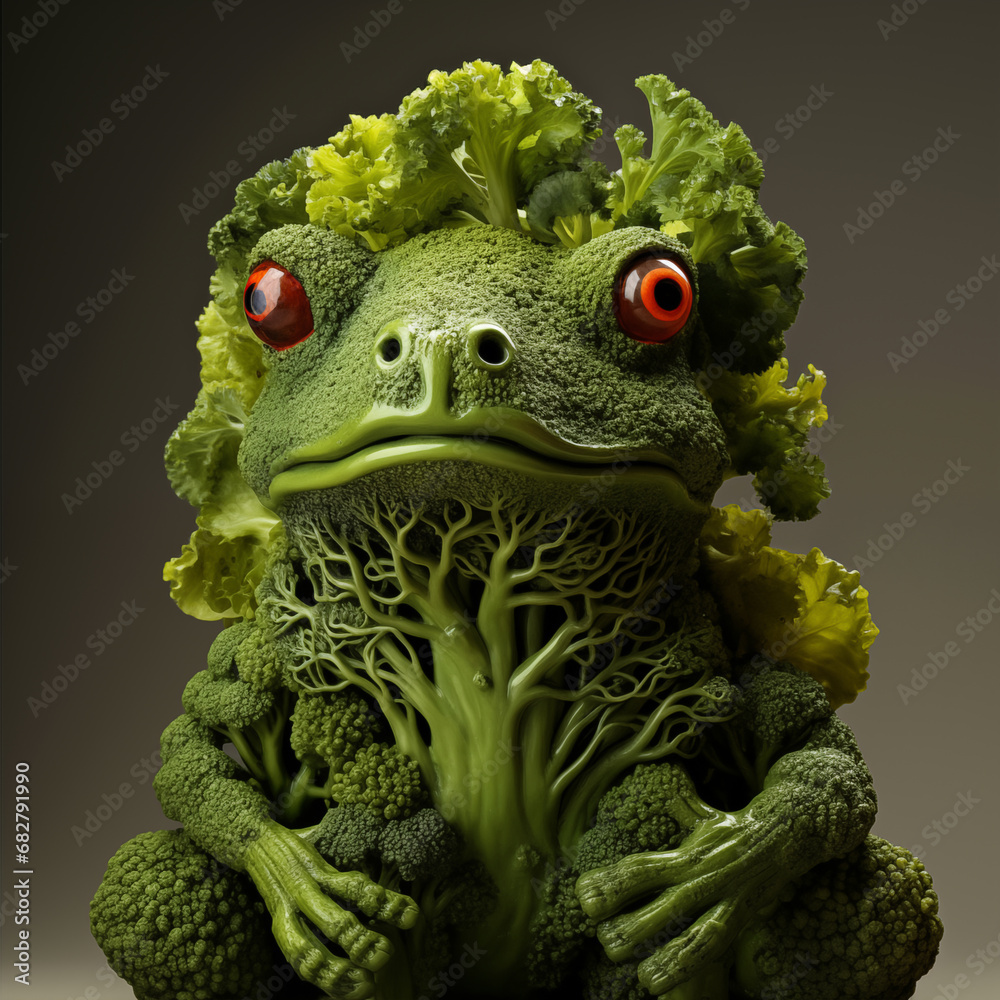 A frog made of broccoli. Cartoon character. - obrazy, fototapety, plakaty 