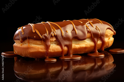 A caramelchocolate eclair in close-up photo