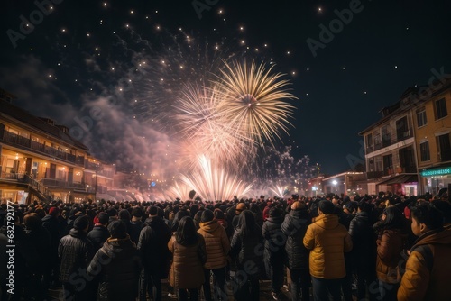 Happy new year background people celebrate with firework
