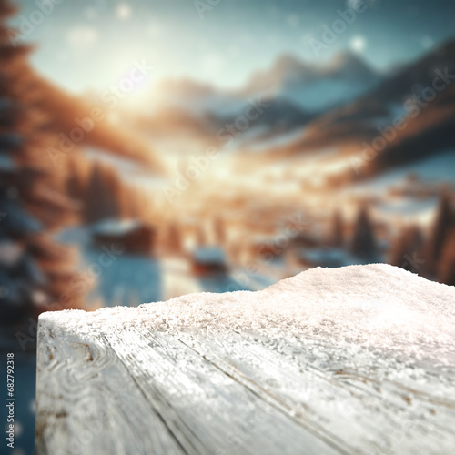 White old worn wooden table cover of snow flakes and empty space for your decoration. Winter landscape of mountains and christmas tree, cold december day, natural lights, Mockup background of new year © magdal3na