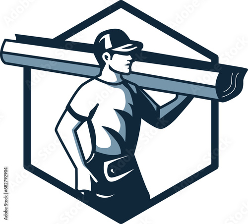Cartoon style man worker, gutter installer with the gutter piece