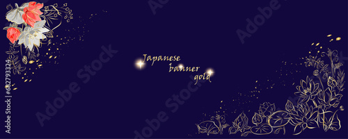 Golden lotos botany banner.Japanese style Hand drawn vector. Line art style design. Concept traditional Asian holiday card.