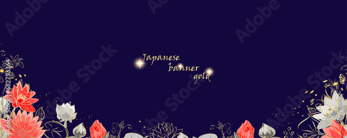 Golden lotos botany banner.Japanese style Hand drawn vector. Line art style design. Concept traditional Asian holiday card.