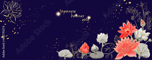 Golden lotos botany banner.Japanese style Hand drawn vector. Line art style design. Concept traditional Asian holiday card.