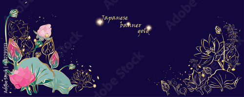 Golden flowers botany banner.Japanese style Hand drawn vector  Line art style design. Concept traditional Asian holiday Golden frames.