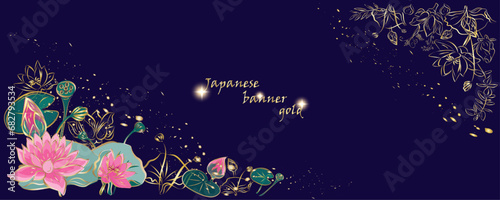 Golden flowers botany banner.Japanese style Hand drawn vector  Line art style design. Concept traditional Asian holiday Golden frames.