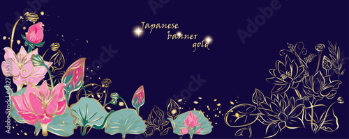 Golden flowers botany banner.Japanese style Hand drawn vector  Line art style design. Concept traditional Asian holiday Golden frames.