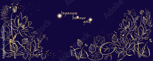 Golden flowers botany banner.Japanese style Hand drawn vector  Line art style design. Concept traditional Asian holiday Golden frames.