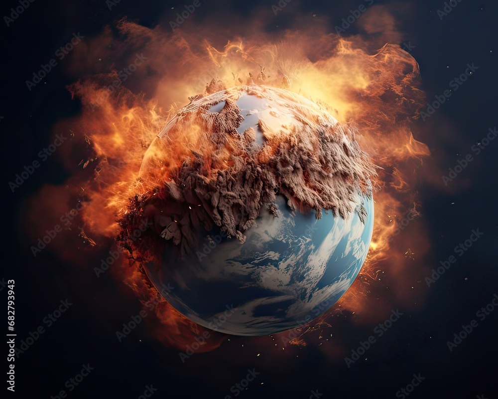 Earth globe collapse, burning, destroyed by fire. Conceptual illustration of global warming, caused by the excesses of the world of finance, industry - obrazy, fototapety, plakaty 