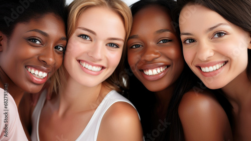Group portrait of young and beautiful diverse women, smiling happily looking into the camera
