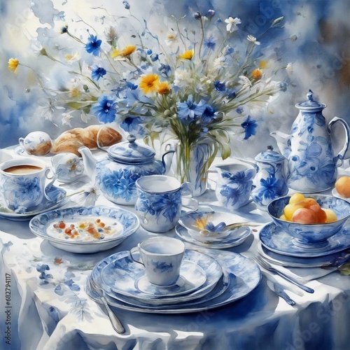 watercolor of breakfast with wildflowers, blue and white contemporary art, intense, stylized, detailed, high resolution photo