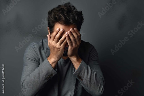 Hand, face and regret with a man in studio on a gray background feeling disappointed by a mistake. a male covering his eyes while annoyed