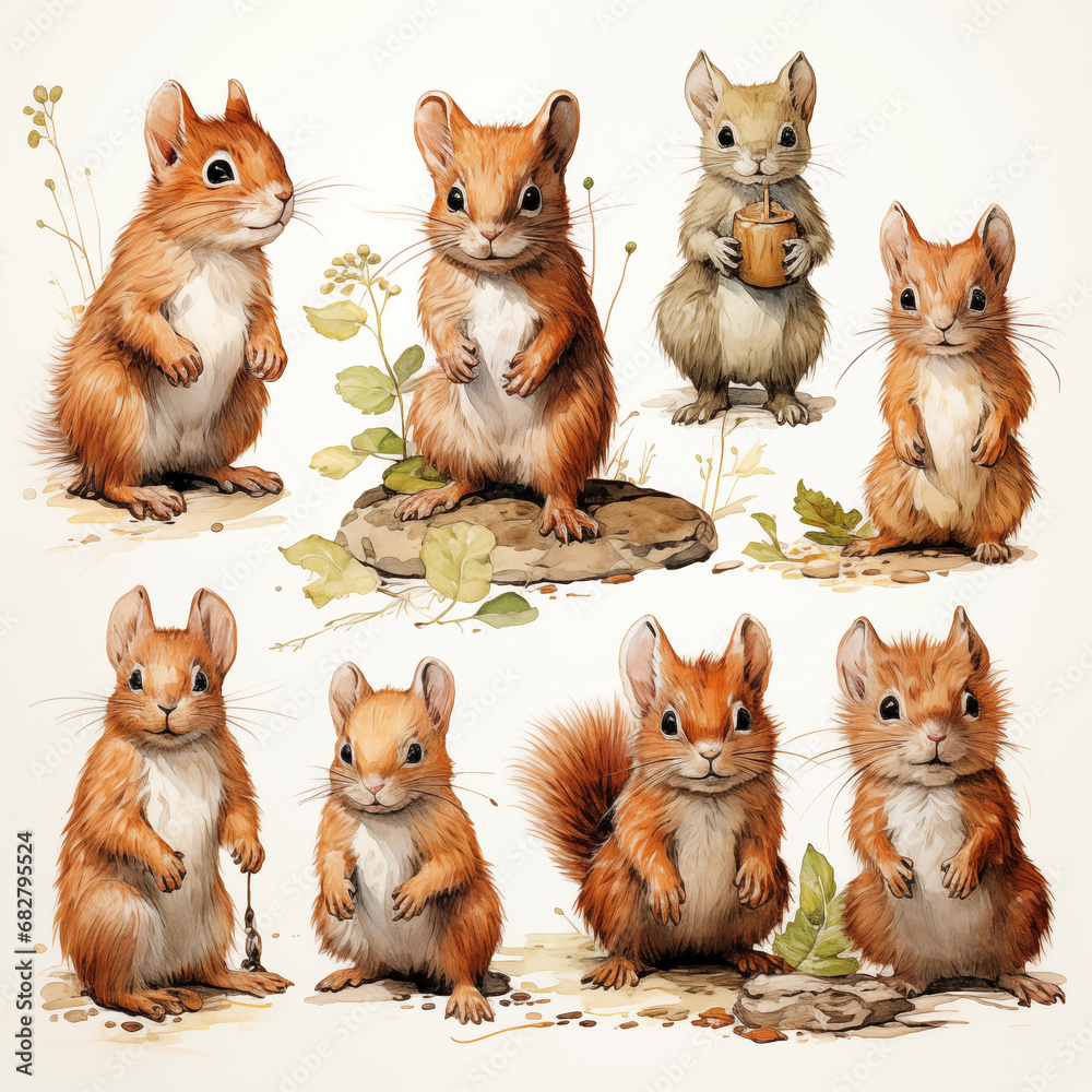 Süßes Eichhörnchen mit Familie als Zeichung für Kalender, ai generativ Süßes Eichhörnchen mit Familie als Zeichung für Kalender, ai generativ