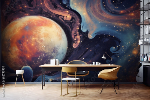 Modern Room with an Abstract Wall Featuring a Space-themed Pattern