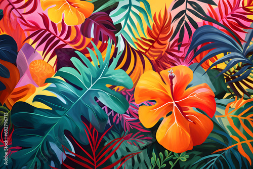 Abstract Wallpaper with a Neon Jungle Vibe, Incorporating Vibrant, Abstract Foliage and Organic Shapes