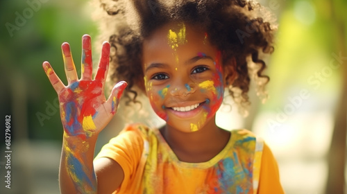 An African American child with her palm and face are stained with colorful paints. Happy young artist with paint-stained hand