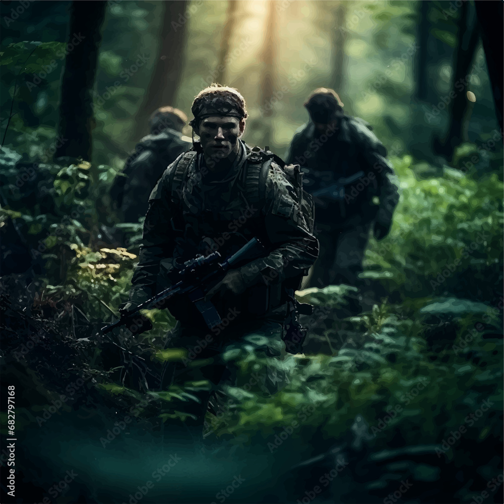 Soldiers searching in the forest Illustration 